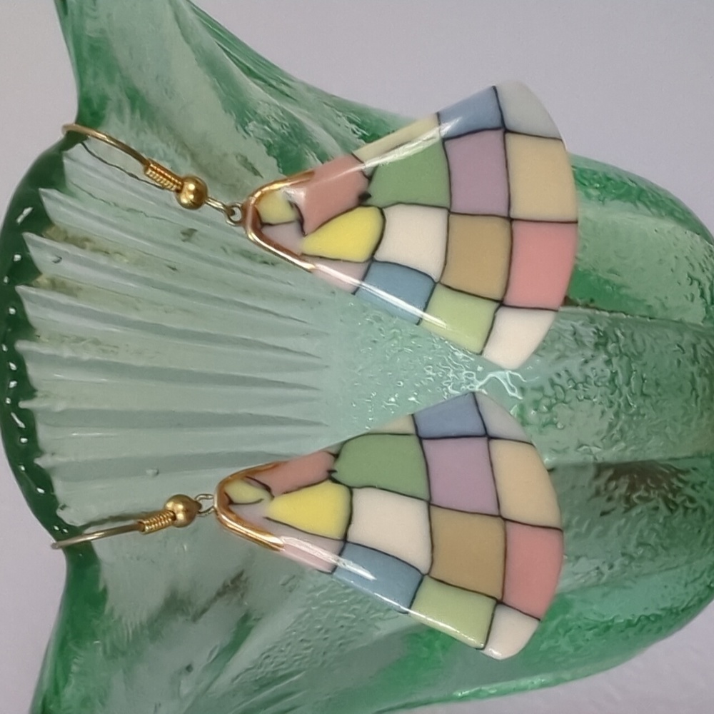 Pretty Ceramic Pastel Checkerboard Earrings - Picture 3 of 6